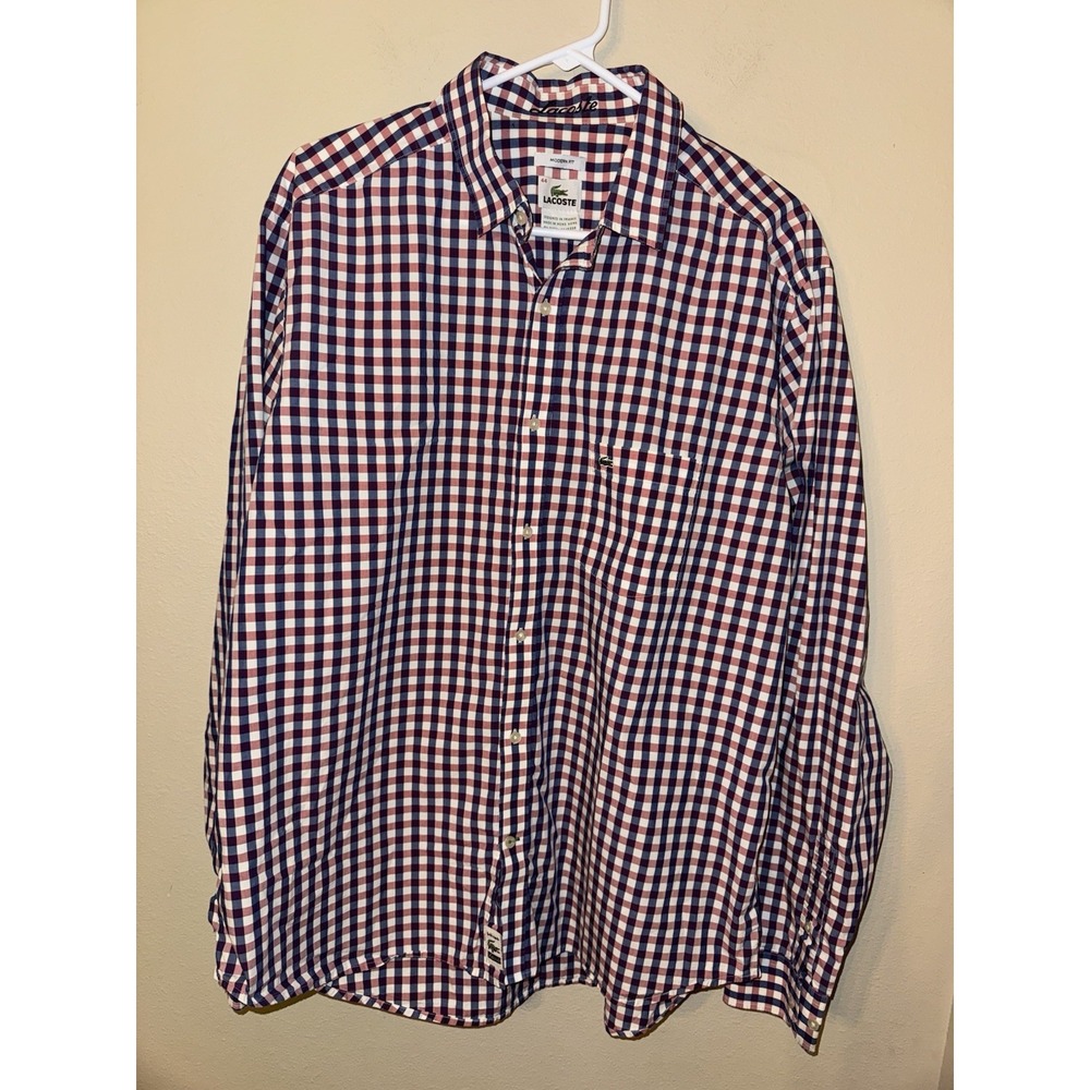 Lacoste Mens Gingham Check‎ Button Down Shirt Modern Fit Navy Red White Size 44